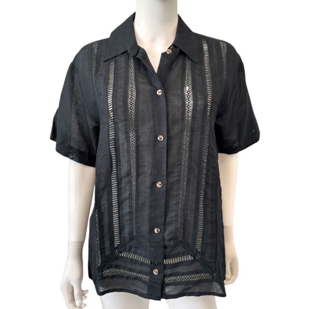 New TOPSHOP NORDSTROM Women's Black Linen Blend Short Sleeve Shirt Size 2